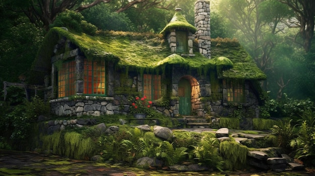 Cudowny kamienny domek leśny hobbit domy zdjęcia Sztuka wygenerowana przez sztuczną inteligencję