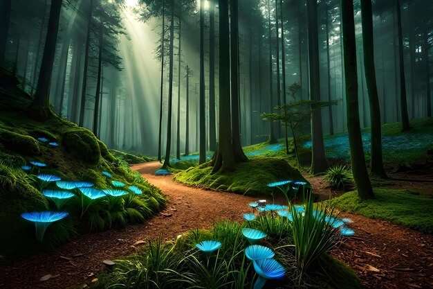 Zdjęcie cudowny las oświetlony przez powolną luminescencję grzybów bioluminescencji kreatywny zasób ai generowany