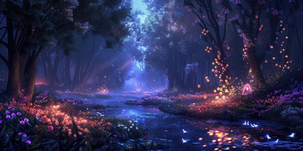 Cudowny las w nocy z błyszczącymi kwiatami