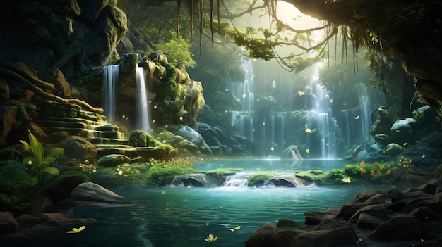 Cudowny las wodospadu fascynująca scena przyrody z majestatycznym wodospadem w sercu W...