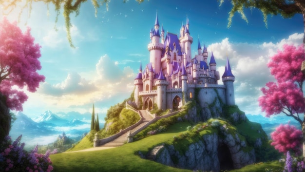Zdjęcie cudowny, magiczny, fantazyjny, bajkowy zamek pośród bujnego krajobrazu, fantazyjne tło z kapryśnymi elementami.