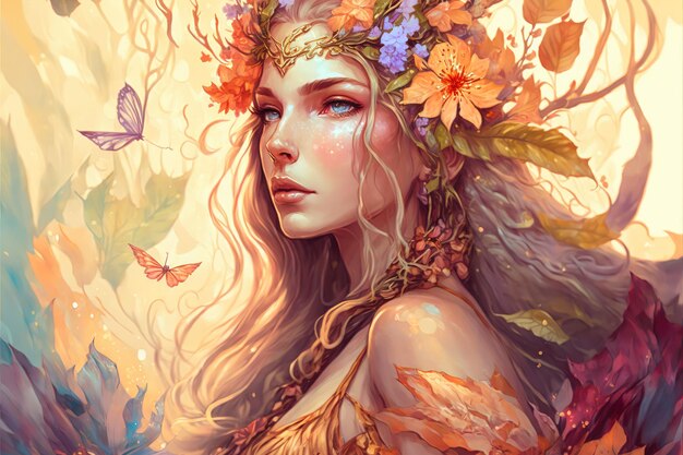 Zdjęcie cudowny portret fantasy księżniczki leśnych elfów bogini w kwiecistym wieńcu