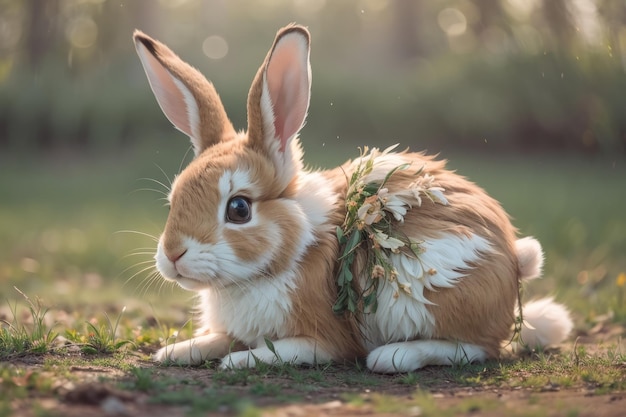 Cudowny portret fotorealistycznego młodego królika z długimi uszami w naturalnym otoczeniu