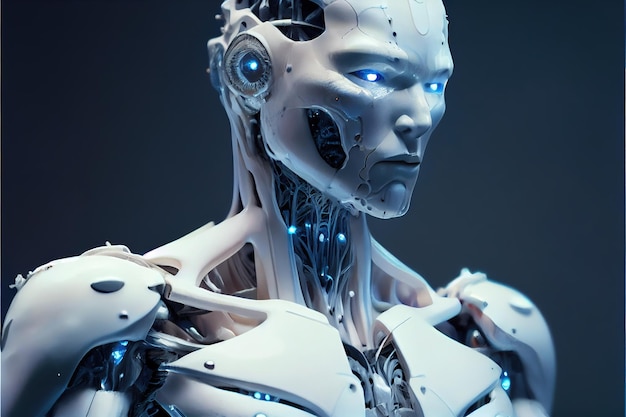 Cudowny portret sztucznego inteligentnego robota humanoidalnego w fazie szkieletu