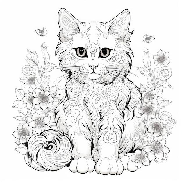 Cudowny świat kota Clean Line Art Kolorowanie Książka Strona z białym tłem w 2D