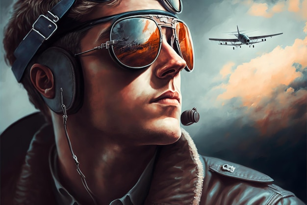 Cudowny zbliżenie portret męskiego pilota z odblaskowymi okularami przeciw niebu