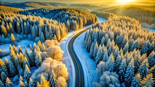 Cudowny zimowy górski krajobraz z pokrytym śniegiem lasem i krętą drogą z drona