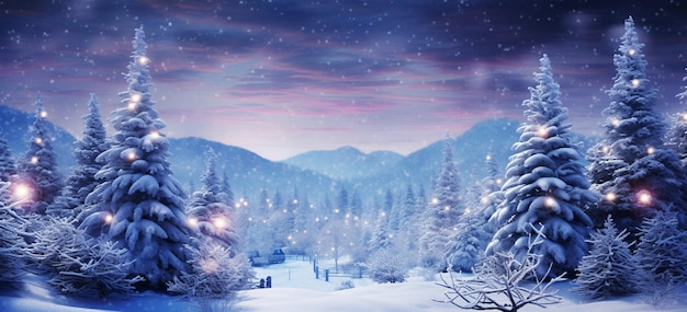 Cudowny zimowy krajobraz, majestatyczny śnieżny krajobraz z oświetlonymi drzewami i błyszczącymi światłami.