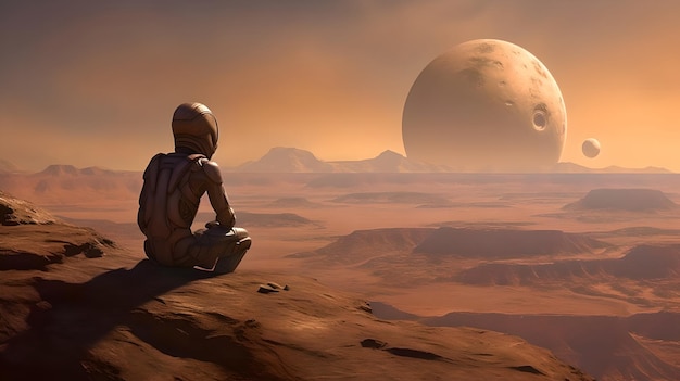 Cudzoziemiec siedzi na powierzchni planety Cudzoziemiec Relaks na planecie ilustracji dla miejsca kopiowania szablonu prezentacji produktu