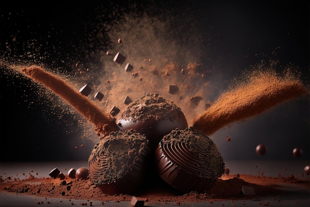 Zdjęcie cukierki czekoladowe w środku ogromnej eksplozji rozprysków cząstek ciemnej czekolady w proszku