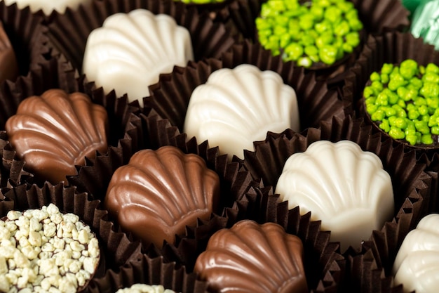 Cukierki czekoladowe z białą ciemną i mleczną czekoladą Praline Cukierka czekolada z bliska