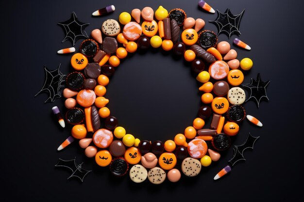 Cukierki na Halloween w kręgu Kolory pomarańczowe i żółte na czarnym tle Generatywna sztuczna inteligencja