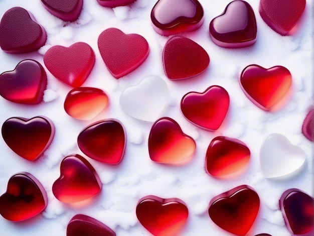 cukierki w kształcie serca czerwone gumy miłosne serca na białej zimie śnieg podłoga górna para miłość walentynka