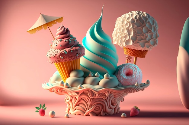 Cukierkowy marzycielski projekt deseruKolorowa babeczka i lody Generacyjna sztuczna inteligencja