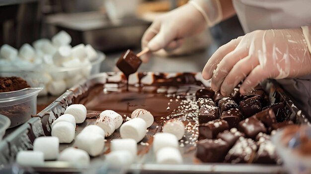 cukiernik zanurzający marshmallows w czekoladzie do przygotowania słodkiej smakołyk