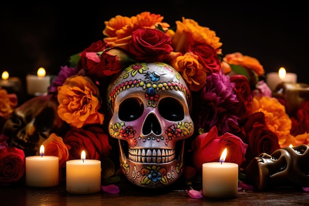 Zdjęcie cukrowa czaszka na meksykański dzień zmarłych z dekoracjami