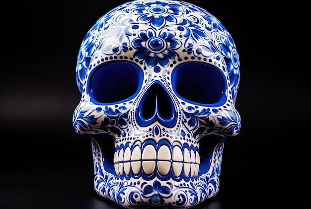 cukrowa czaszka ręcznie malowana meksykańska, ręcznie wykonana z niebieskich i białych kwiatów
