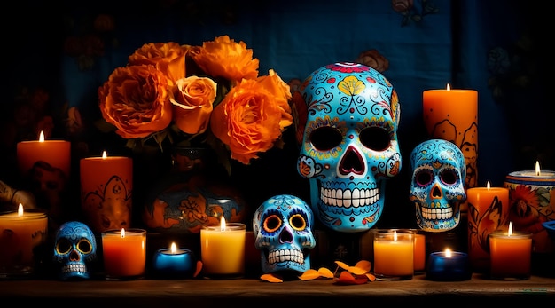 Cukrowa czaszka w meksykańskim tatuażu Dzień zmarłych Dia De Los Muertos świętowanie Cukrowa czaszka