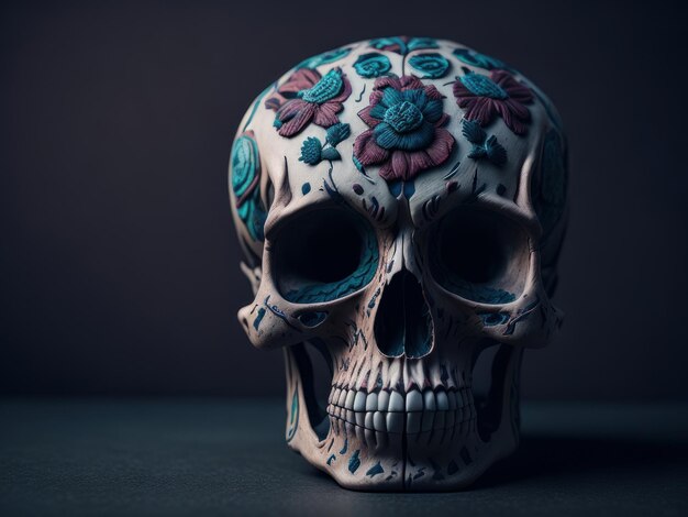 Cukrowa czaszka z kwiatami na czarnym tle Święto Dia de Muertos AI Generated