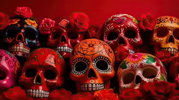 Cukrowe czaszki Mexica z kolorowymi kwiatami i miejscem na kopię dla Cinco De Mayo i Da De Muertos