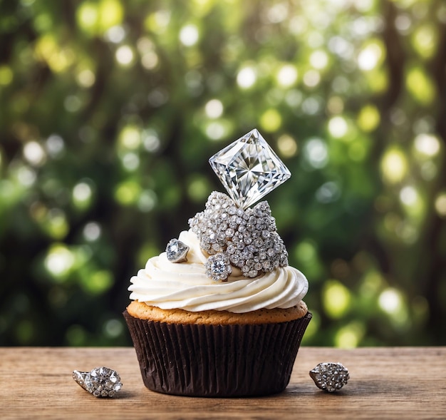 Zdjęcie cupcake z pierścieniem diamentowym na drewnianym stole i tle bokeh