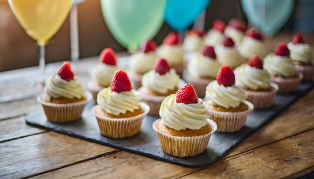 Cupcakes ozdobione kolorowymi glazurami i posypkami przygotowane na uroczyste świętowanie w postaci