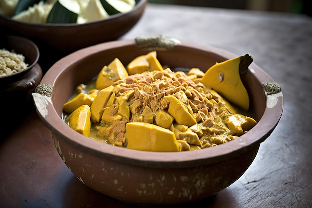 Curry z jackfruit znanego również jako surowy jackfruit i curry kokosowe smażone mięso lub owoce tropikalne z Kerala India lub Bali Indonesia Azjatyckie letnie owoce jackfruit dojrzałe i świeże w glinie