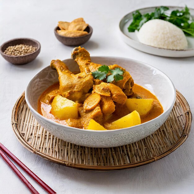 Curry z kurczaka w malezyjskim stylu z ziemniakami kari ayam selektywne skupienie na białym tle