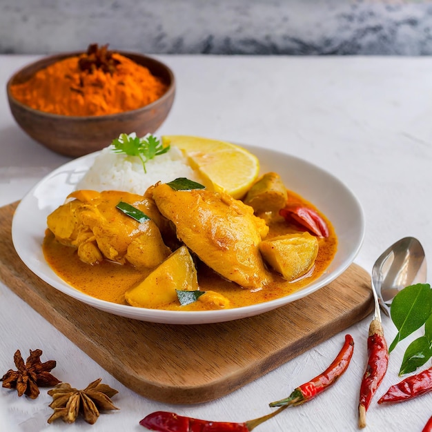 Curry z kurczaka w malezyjskim stylu z ziemniakami kari ayam selektywne skupienie na białym tle