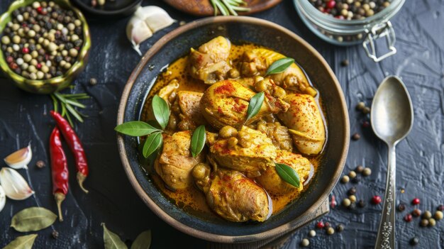 Zdjęcie curry z kurczaka z przyprawami na ciemnym tle