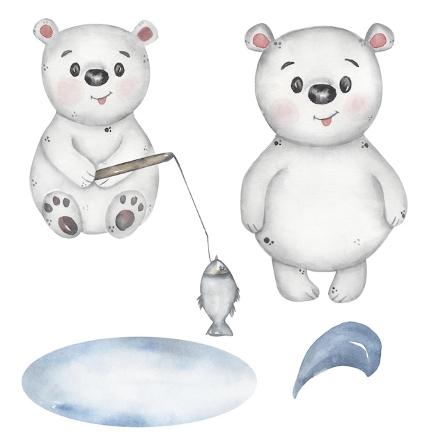 Cute Baby Bear clipart, akwarela Arctic White Animal ilustracji, zimowe przyjęcie urodzinowe dla dzieci, kartka świąteczna, baby shower, drukowanie tekstyliów