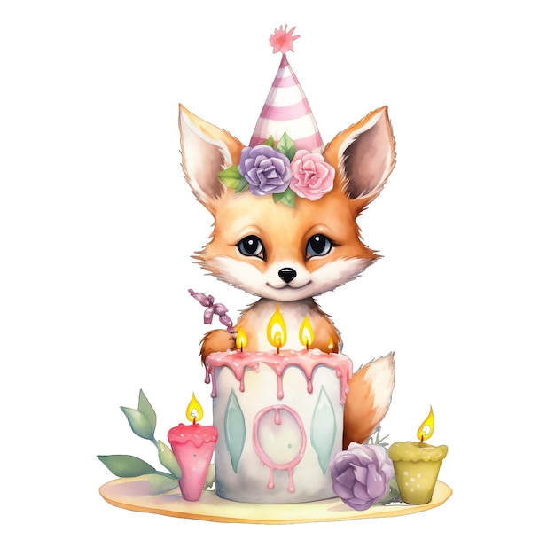 Cute baby Fox świętuje przyjęcie urodzinowe akwarela ilustracja