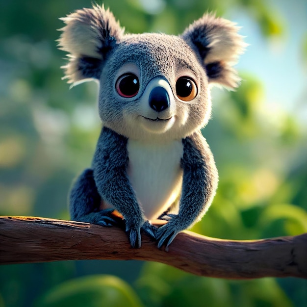 Cute baby koala w naturalnym środowisku australijskie zwierzę 3D renderowania ilustracja kreskówka