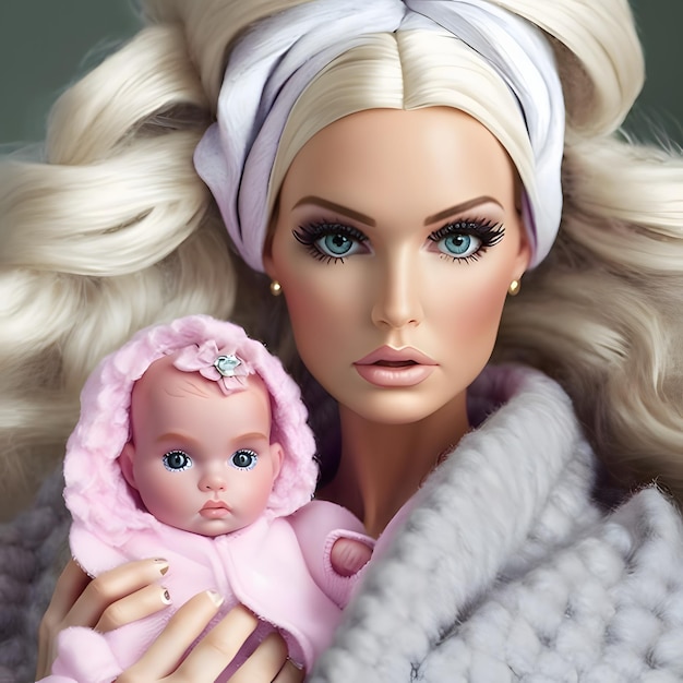 Cute blondie Barbie jest ubranym różowy strój z noworodkiem przeciw niewyraźnemu tłu Widok z przodu