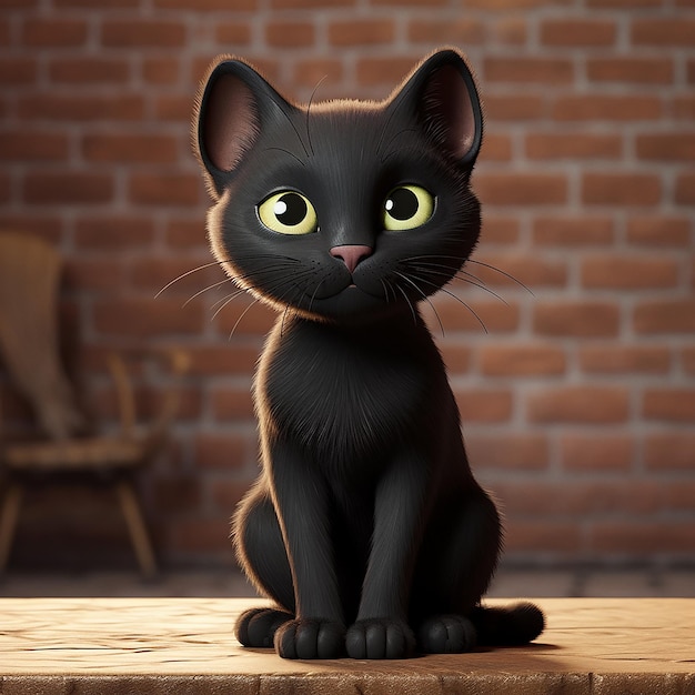 Cute cartoon czarny kotek z zielonymi oczami Zbliżenie Generative AI