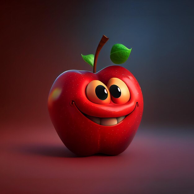 Cute Cartoon Red Apple Character z uśmiechniętą twarzą i zielonym liściem Generative AI