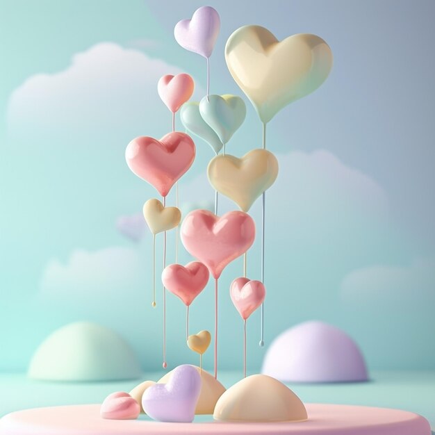 Zdjęcie cute cascading hearts 3d icon clay render blender 3d pastelowe tło