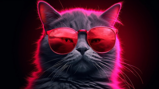 Cute Cat zwierzę z różowymi okularami przeciwsłonecznymi neon retrospektywna sztuczna inteligencja generowana sztuka