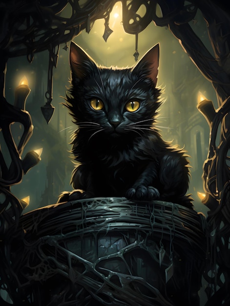 Cute czarny kot siedzi w wiklinowym koszu Halloween tła AI generowane