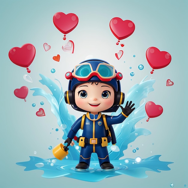 Cute Diver Korean Love Heart Sign Cartoon Vector Icon Ilustracja Nauka Holiday Icon Koncepcja Izolowany Premium Vector Flat Cartoon Style
