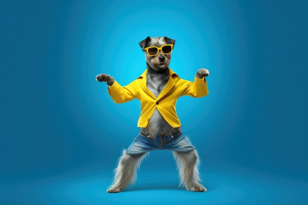Cute Dog z okularami przeciwsłonecznymi tańczącymi na niebieskim tle Generative AI