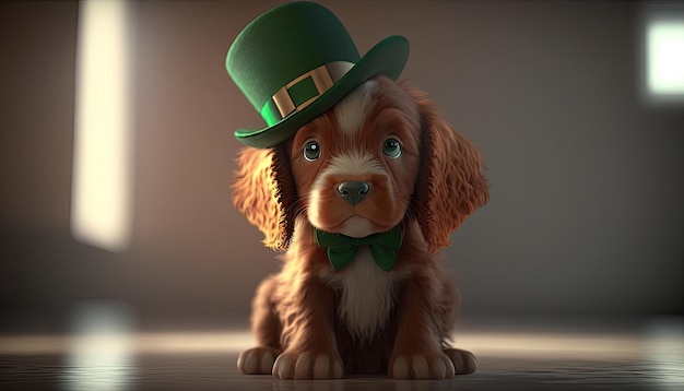 Cute Dog z zielonym kapeluszem St Patrick's Day na niewyraźnym tle Generative AI