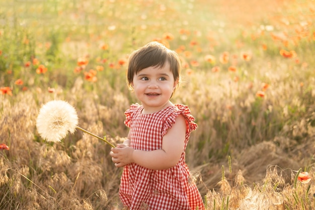 Cute dziewczynka w czerwonej sukience, trzymając duży mniszek lekarski na polu Maków na zachód słońca latem.