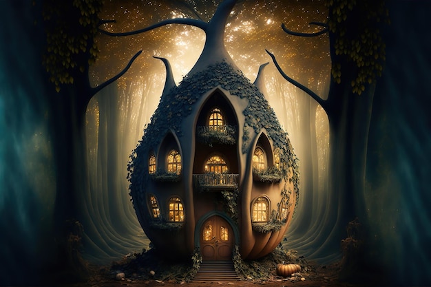 Cute Fantasy House Bajkowy mały domek w magicznym lesie Wygenerowana sztuczna inteligencja