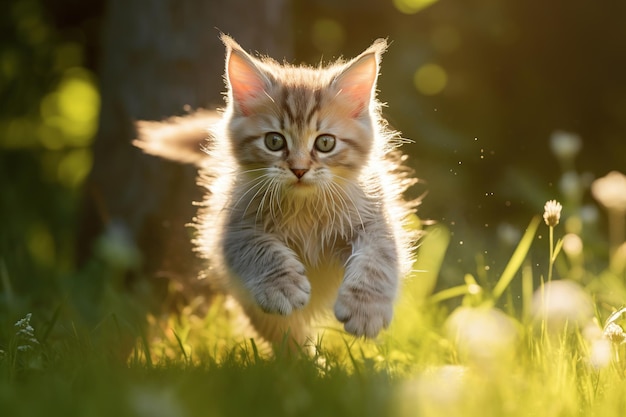 Cute figlarny kotek biegnący przez trawnik w słoneczny letni dzień Aktywne zwierzę domowe grające na zielonej trawie na zewnątrz pomieszczeń