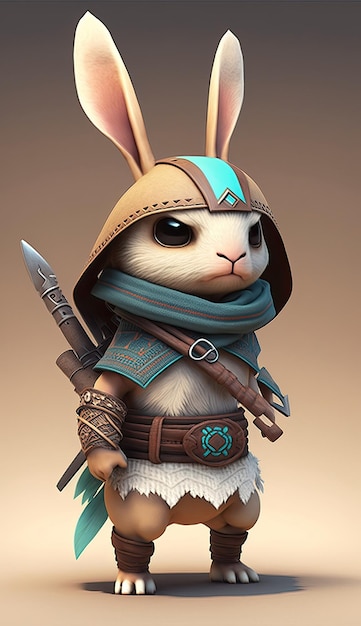 Cute Hare Animal Warrior Model gry 3D Generative AI