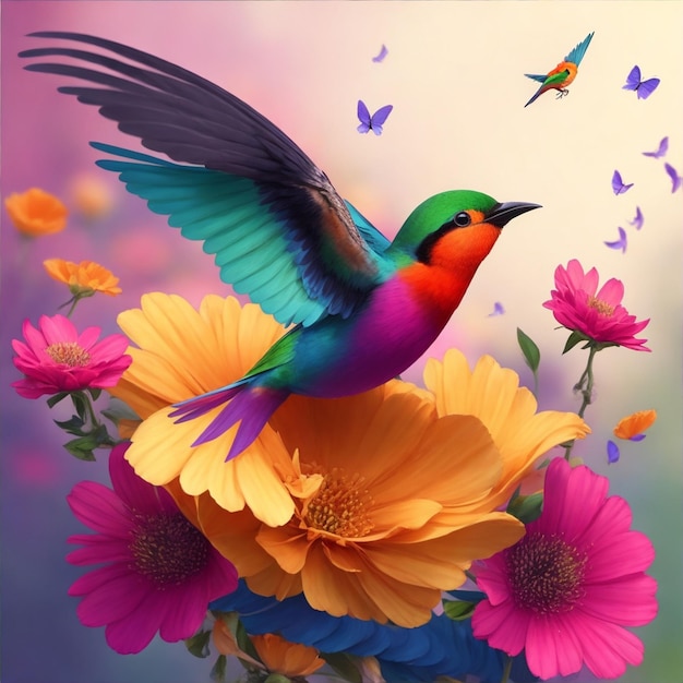 Cute latający ptak ptak z kwiatami Ilustracja AI Generative