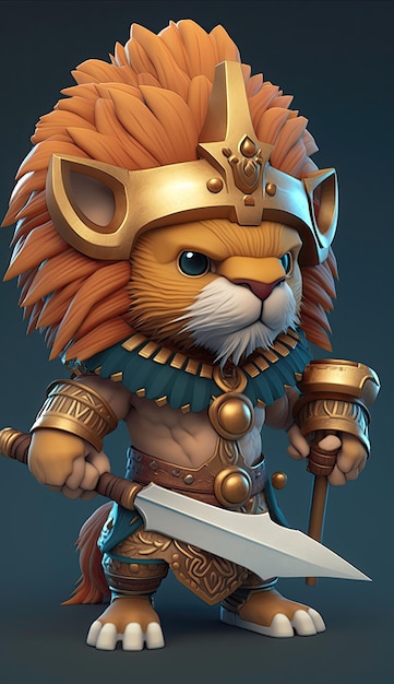 Cute Lion Animal Warrior Model gry 3D Generative AI
