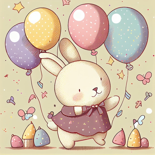 Cute Little Rabbit with Balloon Happy Birthday Card Generatywne AI