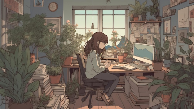 Cute Lofi Girl stacja robocza tapety tło kobiece anime manga słodkie przytulne Generative AI